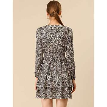 Allegra K Women's Leopard Print Round Neck Smock Waist Long Sleeve Ruffle Mini Dress Small Pink