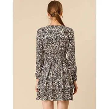 Allegra K Women's Leopard Print Round Neck Smock Waist Long Sleeve Ruffle Mini Dress Small Pink