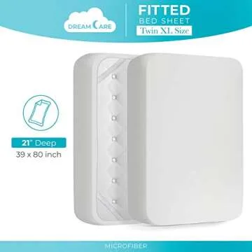 DREAMCARE Twin XL Fitted Sheet - Extra Deep Pocket Fitted Sheet - Fits up to 21 inch Mattress - Deep Pocket Twin XL Sheets - Hotel Luxury - Oeko-Tex Certified Sheets - 1 Fitted Sheet Only (White)