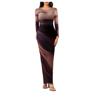BEAUDRM Women's Tie Dye Ruched Long Sleeve Bodycon Maxi Dress - Maroon