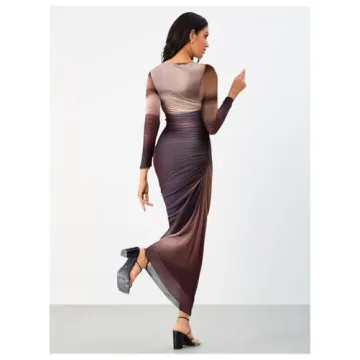BEAUDRM Tie Dye Ruched Long Sleeve Bodycon Maxi Dress