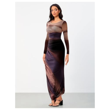 BEAUDRM Tie Dye Ruched Long Sleeve Bodycon Maxi Dress