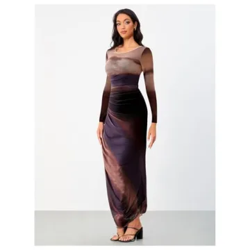 BEAUDRM Tie Dye Ruched Long Sleeve Bodycon Maxi Dress