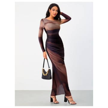 BEAUDRM Tie Dye Ruched Long Sleeve Bodycon Maxi Dress