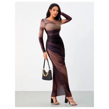 BEAUDRM Tie Dye Ruched Long Sleeve Bodycon Maxi Dress
