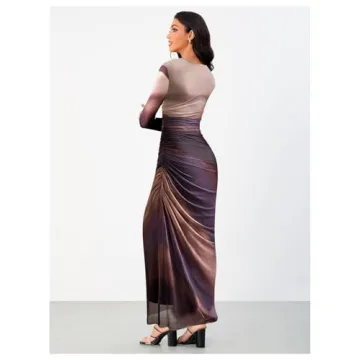 BEAUDRM Tie Dye Ruched Long Sleeve Bodycon Maxi Dress