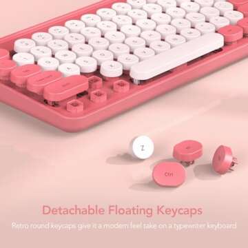 Wireless Keyboard and Mouse Combo, Retro Round Keycap Typewriter Keyboard with Phone/Tablet Holder, Cute Colorful Keyboard for Computer/Laptop/Windows/Mac by SABLUTE, Pink