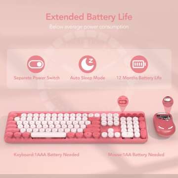 Wireless Keyboard and Mouse Combo, Retro Round Keycap Typewriter Keyboard with Phone/Tablet Holder, Cute Colorful Keyboard for Computer/Laptop/Windows/Mac by SABLUTE, Pink