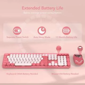 Wireless Keyboard and Mouse Combo, Retro Round Keycap Typewriter Keyboard with Phone/Tablet Holder, Cute Colorful Keyboard for Computer/Laptop/Windows/Mac by SABLUTE, Pink