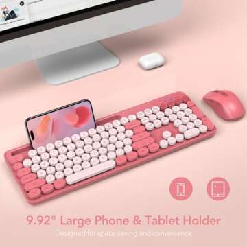 Wireless Keyboard and Mouse Combo, Retro Round Keycap Typewriter Keyboard with Phone/Tablet Holder, Cute Colorful Keyboard for Computer/Laptop/Windows/Mac by SABLUTE, Pink