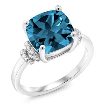 Gem Stone King 4.64 Cttw London Blue Topaz Engagement Ring For Women In 925 Sterling Silver | Cushion Cut 10MM | Gemstone Birthstone | Available in size 5, 6, 7, 8, 9