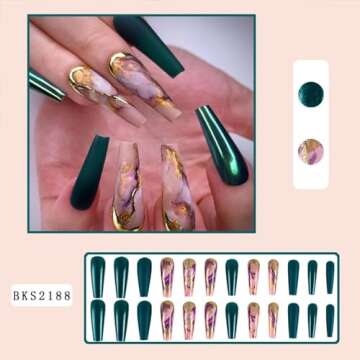 Tyuimhx Dark Green Laser Press on Nails Coffin Long Fake Nails Full Cover False Nails With Marble Texture Gold Foil Designs Reusable Stick on Nails Acrylic Artificial Nails for Women Girls 24Pcs