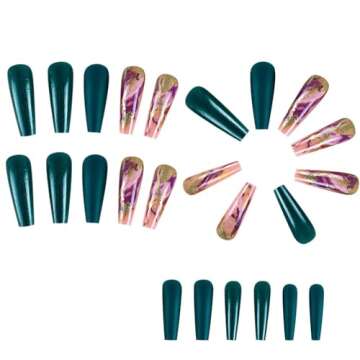 Tyuimhx Dark Green Laser Press on Nails Coffin Long Fake Nails Full Cover False Nails With Marble Texture Gold Foil Designs Reusable Stick on Nails Acrylic Artificial Nails for Women Girls 24Pcs