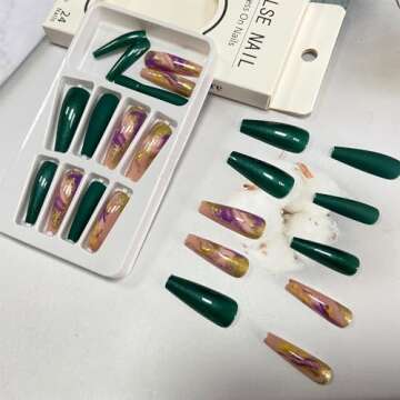 Tyuimhx Dark Green Laser Press on Nails Coffin Long Fake Nails Full Cover False Nails With Marble Texture Gold Foil Designs Reusable Stick on Nails Acrylic Artificial Nails for Women Girls 24Pcs