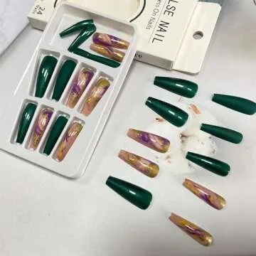 Tyuimhx Dark Green Laser Press on Nails Coffin Long Fake Nails Full Cover False Nails With Marble Texture Gold Foil Designs Reusable Stick on Nails Acrylic Artificial Nails for Women Girls 24Pcs