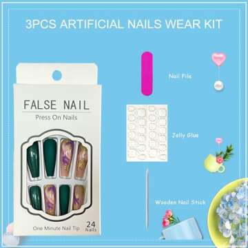 Tyuimhx Dark Green Laser Press on Nails Coffin Long Fake Nails Full Cover False Nails With Marble Texture Gold Foil Designs Reusable Stick on Nails Acrylic Artificial Nails for Women Girls 24Pcs