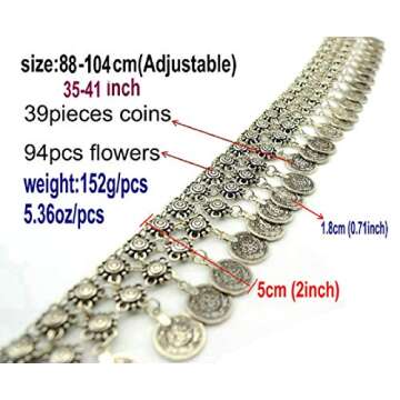 TianBo Vintage Antique Silver Color Coin Tassels Pendant Belly Dance Body Chain Waist Chains Turkish Gypsy Carving Beach Belt Body Jewelry for Women Size 35-41in Adjustable