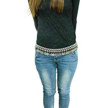 TianBo Vintage Antique Silver Color Coin Tassels Pendant Belly Dance Body Chain Waist Chains Turkish Gypsy Carving Beach Belt Body Jewelry for Women Size 35-41in Adjustable