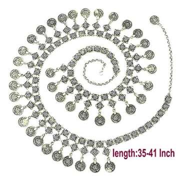 TianBo Vintage Antique Silver Color Coin Tassels Pendant Belly Dance Body Chain Waist Chains Turkish Gypsy Carving Beach Belt Body Jewelry for Women Size 35-41in Adjustable