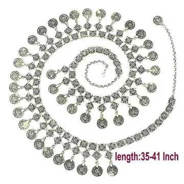TianBo Vintage Antique Silver Color Coin Tassels Pendant Belly Dance Body Chain Waist Chains Turkish Gypsy Carving Beach Belt Body Jewelry for Women Size 35-41in Adjustable