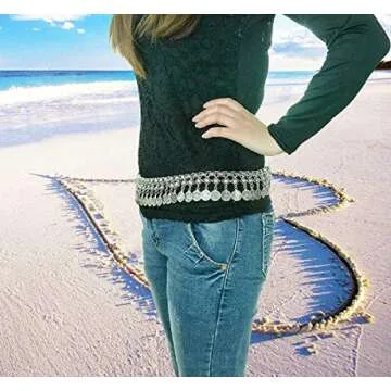 TianBo Vintage Antique Silver Color Coin Tassels Pendant Belly Dance Body Chain Waist Chains Turkish Gypsy Carving Beach Belt Body Jewelry for Women Size 35-41in Adjustable