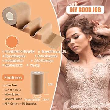 Cindy's Tape Boob Tape 3 inch Wide Plus Boobytape for Breast Lift Adhesive Bra Tape with Nipple Covers for Large Big DD Cup up Size,Body Tape for Chest Support,Waterproof.Push in All Dress