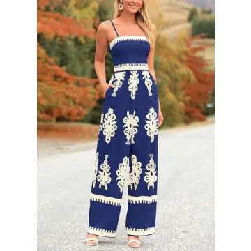 PRETTYGARDEN Women's Summer Boho Jumpsuits One Piece Beach Vacation Outfits Spaghetti Strap Wide Leg Pants Rompers (Navy,Large)