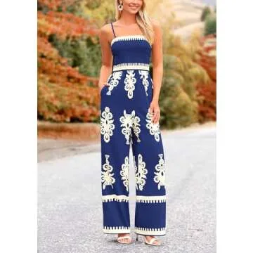 PRETTYGARDEN Women's Summer Boho Jumpsuits One Piece Beach Vacation Outfits Spaghetti Strap Wide Leg Pants Rompers (Navy,Large)