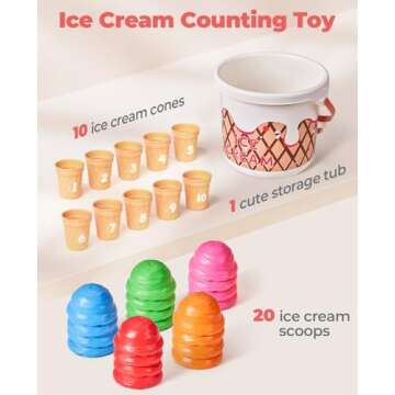 JoyCat Ice Cream Preschool Learning Activities Counting and Color Sorting Set Stacking Toys for Kids 3-5, Fine Motor Skills Toys with Safety Durability, Math Learning Resources for Toddlers 30PCS