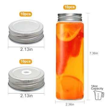 14 OZ Glass Juicing Bottles with Airtight Lids, Reusable Drinking Jars with Straw & Lids with Hole, ...