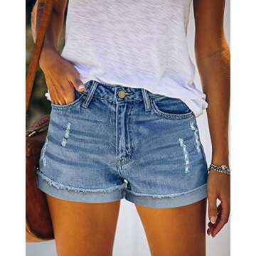 KISSMODA Casual Denim Shorts for Women Mid Rise Raw Hem Ripped Jeans Cute Hot Pants Short Light Blue...