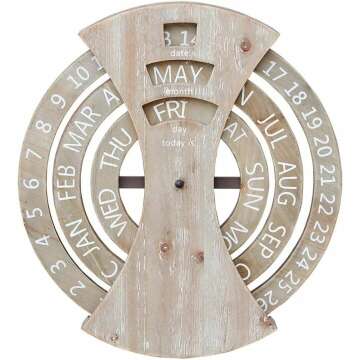 Wood Rustic Circular Wall Mounted Spin Perpetual Calendar for Home & Office