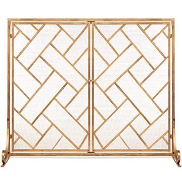 Best Choice Products 44x33in 2-Panel Handcrafted Wrought Iron Decorative Mesh Geometric Fireplace Screen, Fire Spark Guard w/Magnetic Doors - Gold