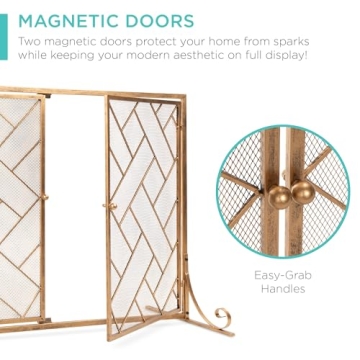 Best Choice Products 44x33in 2-Panel Handcrafted Wrought Iron Decorative Mesh Geometric Fireplace Screen, Fire Spark Guard w/Magnetic Doors - Gold