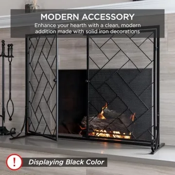 Best Choice Products 44x33in 2-Panel Handcrafted Wrought Iron Decorative Mesh Geometric Fireplace Screen, Fire Spark Guard w/Magnetic Doors - Gold