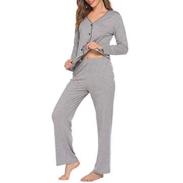 Ekouaer Pajamas Set Button Down Women Long Sleeve Sleepwear V Neck Pjs Sets Soft Nightwear S-XXL
