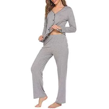 Ekouaer Pajamas Set Button Down Women Long Sleeve Sleepwear V Neck Pjs Sets Soft Nightwear S-XXL