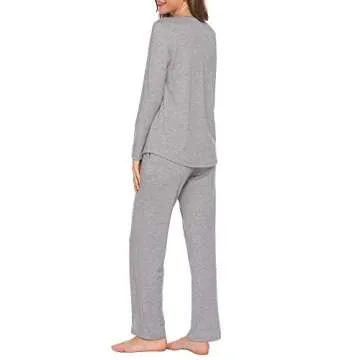 Ekouaer Pajamas Set Button Down Women Long Sleeve Sleepwear V Neck Pjs Sets Soft Nightwear S-XXL