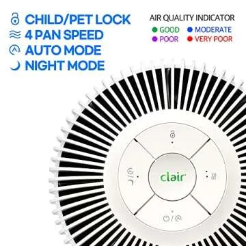 Clair Air Purifier for Home Bedroom, Covers up to 1,071ft², H13 TRUE HEPA Removes 99.97% Allergens, Dust, Smoke, Odor with Activated Carbon&Washable Pre-filter, Air Quality Indicator, K2 White