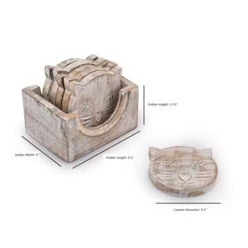 NIRMAN Wooden Crafted Unique Adorable Cat Shaped Coasters Set of 6 with Holder, Bar Dining Table Home Décor