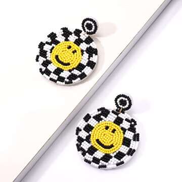 HZEYN Beaded Smile Face Earrings Statement Beaded Drop Earrings Cute Happy Face Dangle Fun Earrings ...
