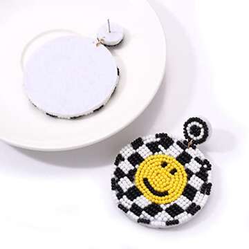 HZEYN Beaded Smile Face Earrings Statement Beaded Drop Earrings Cute Happy Face Dangle Fun Earrings Summer Jewelry Gift (White Black Yellow)