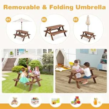HONEY JOY Kids Picnic Table, Outdoor Wooden Table & Bench Set w/Removable Umbrella, Children Backyar...