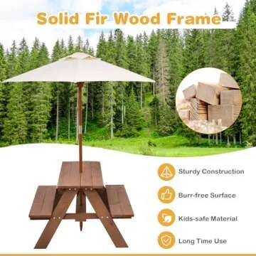 HONEY JOY Kids Picnic Table, Outdoor Wooden Table & Bench Set w/Removable Umbrella, Children Backyard Furniture for Patio Garden, Toddler Picnic Table for Outdoors, Gift for Boys Girls, Walnut