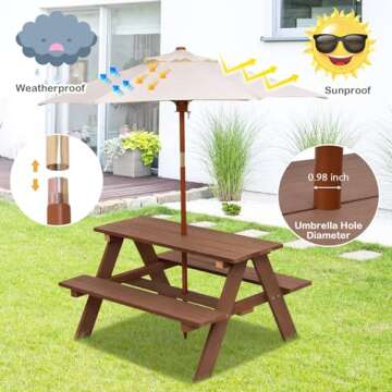 HONEY JOY Kids Picnic Table, Outdoor Wooden Table & Bench Set w/Removable Umbrella, Children Backyard Furniture for Patio Garden, Toddler Picnic Table for Outdoors, Gift for Boys Girls, Walnut