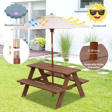 HONEY JOY Kids Picnic Table, Outdoor Wooden Table & Bench Set w/Removable Umbrella, Children Backyard Furniture for Patio Garden, Toddler Picnic Table for Outdoors, Gift for Boys Girls, Walnut