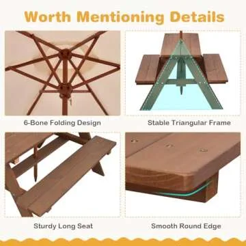 HONEY JOY Kids Picnic Table, Outdoor Wooden Table & Bench Set w/Removable Umbrella, Children Backyard Furniture for Patio Garden, Toddler Picnic Table for Outdoors, Gift for Boys Girls, Walnut
