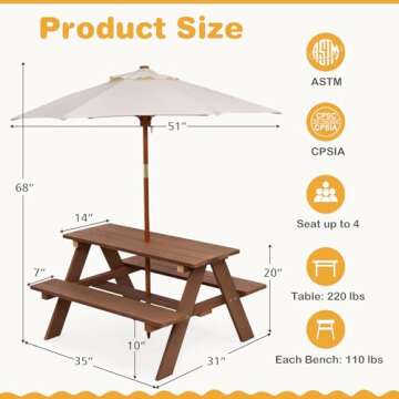 HONEY JOY Kids Picnic Table, Outdoor Wooden Table & Bench Set w/Removable Umbrella, Children Backyard Furniture for Patio Garden, Toddler Picnic Table for Outdoors, Gift for Boys Girls, Walnut
