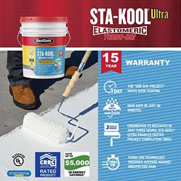Gardner-Gibson Sta-Kool 15-Year Turbo-Dri Elastomeric Roof Coating, White, 5 Gal., Flexible White Acrylic Roof Coating, Reflective Finish Keeps Roof Cool, Resists Cracking and Peeling