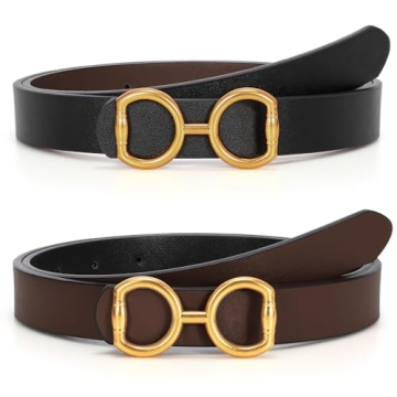 TRIWORKS Women Reversible Leather Belt for Jeans Pants, Fashion Gold Buckle Ladies Dress Belt, C-Bla...